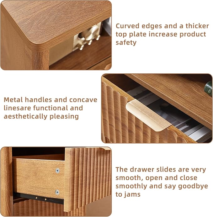 LEYAOYAO Fluted Farmhouse Nightstand Set of 2 with Charging Station, 23" Wide 2 Drawers End Table,Brown Dresser for Bedroom,Bed Side Table Chest of Drawers Cabinet,Wood Night Stand for Living Room