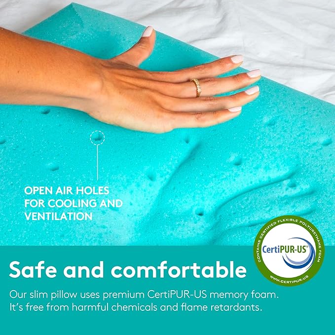 BLISSBURY 3.3 Inch Cooling Super Thin Pillow for Sleeping | Flat for Stomach & Back Sleeper | Cooling Memory Foam to Provide Comfort When Resting | Removable Cool-to-Touch Pillow Case