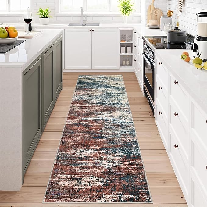 Washable Runner Rug 2x6 Modern Abstract Kitchen Rugs, Non Slip Bathroom Rug, Low Pile Laundry Room Soft Long Carpet for Hallway Bedroom Entryway, Red Multi
