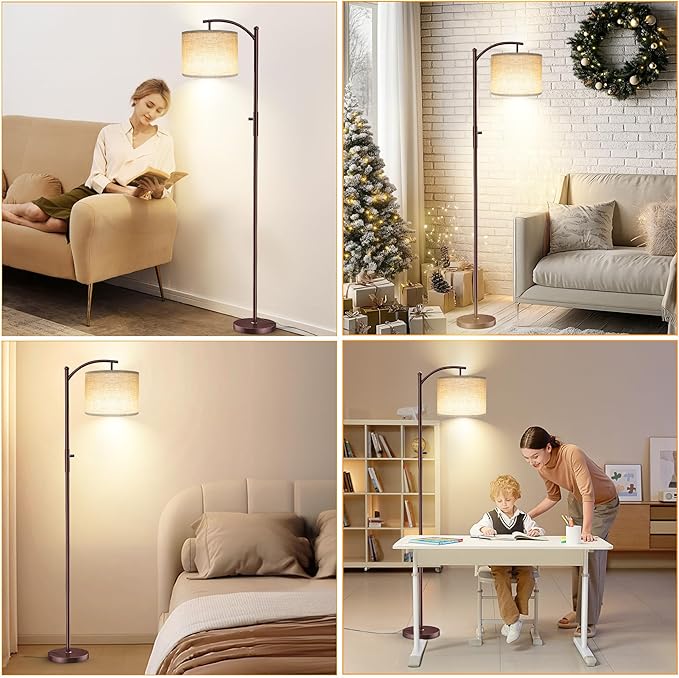 ROTTOGOON Dimmable Floor Lamp, Arc Floor Lamps for Living Room, Stepless Dimming Modern Standing Lamp with Linen Shade, Tall Lamp for Bedroom Office Dining Room- Brown