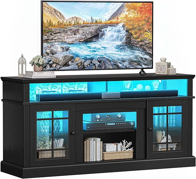 YITAHOME Black TV Stand for 75 Inch TV, LED Modern Entertainment Center with Adjustable Shelves and Glass Doors, 32'' Tall Television Stands TV Media Console Table for Living Room, Black