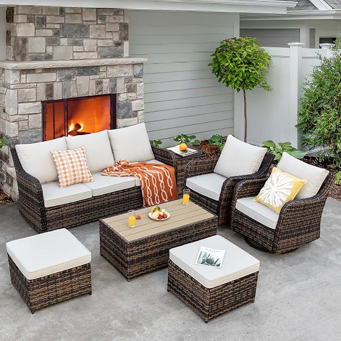 7 Pieces Patio Furniture Set with Swivel Chair, Outdoor Patio Conversation Set, Patio Sectional Furniture Set with 2 Swivel Rocker Patio Chair and Sofa, 2 Ottomans and Coffee Table (Brown)