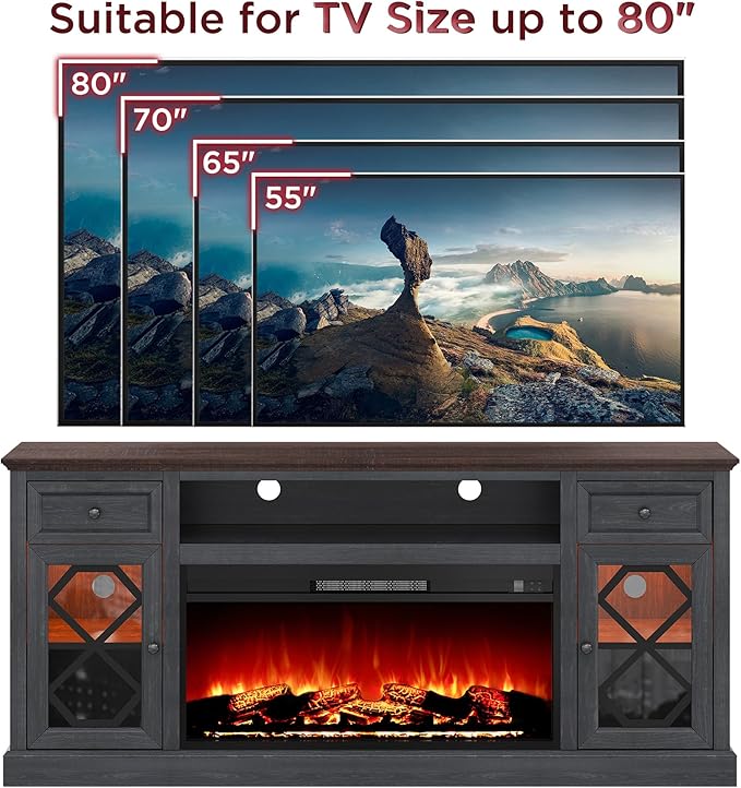 Farmhouse 70" Fireplace TV Stand with 37" Electric Fireplace, Large LED Entertainment Center with Storage for 80" TVs, TV Console Cabinet with Diamond Door for Living Room, Dark Grey