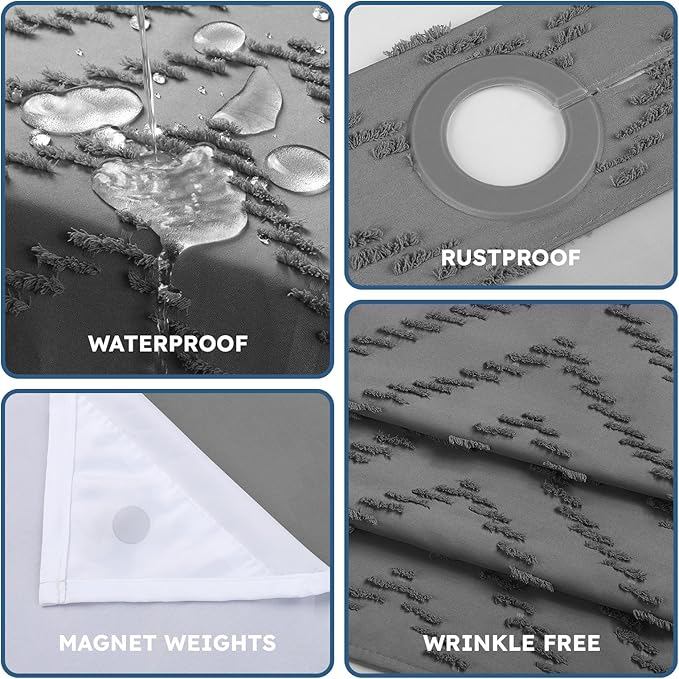 No Hook Shower Curtain and Snap in Liner Set Grey Tufted Chevron Striped Cloth Waterproof Washable Fabric Boho Gray Bath Curtain with See Through Mesh Top Window for Bathroom Hotel 71" x 86"