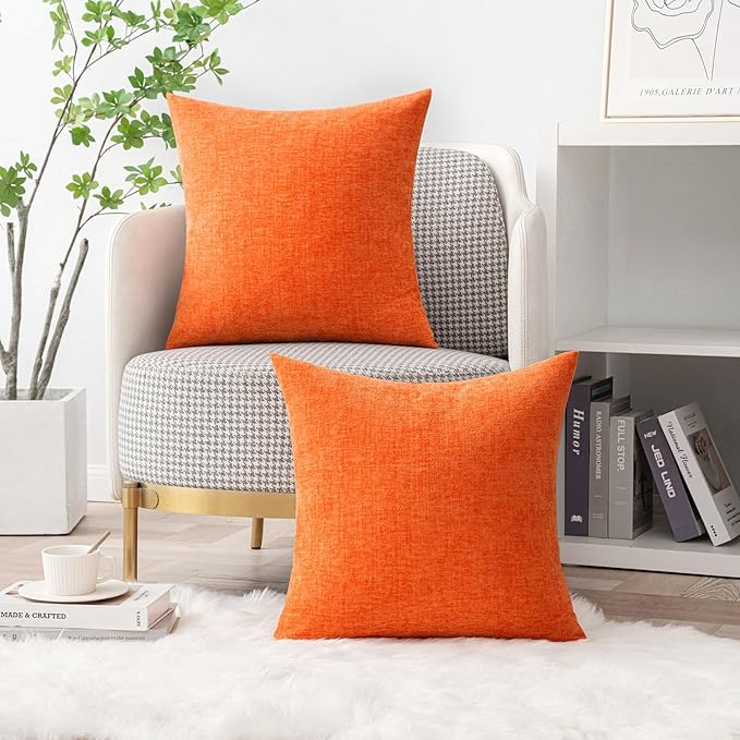 MIULEE Fall Pack of 2 Bright Orange Throw Pillow Covers 20x20 Inch Soft Chenille Pillow Covers for Sofa Living Room Couch Solid Dyed Cases