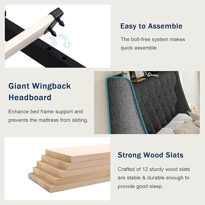 Twin Bed Frame with 4 Storage Drawers, Giant Upholstered Wingback Headboard, Fast Charging Station, No Box Spring Needed, Noise-Free, Dark Gray