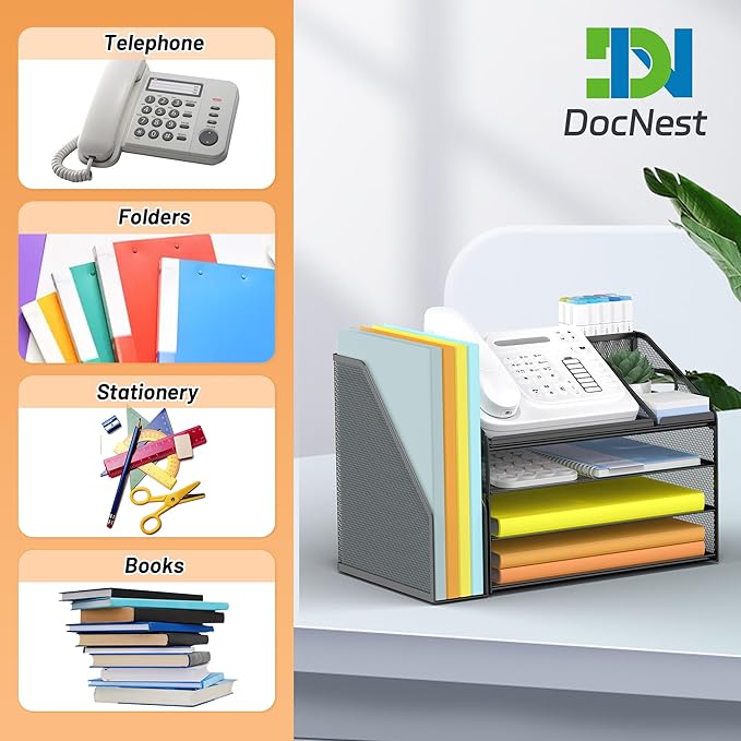 DocNest 4 Tier Paper Letter Tray File Organizer, Mesh Desk File with Handle, Workspace Desk Organizers with Pen Holder, Office Organization Storage Accessories - Black