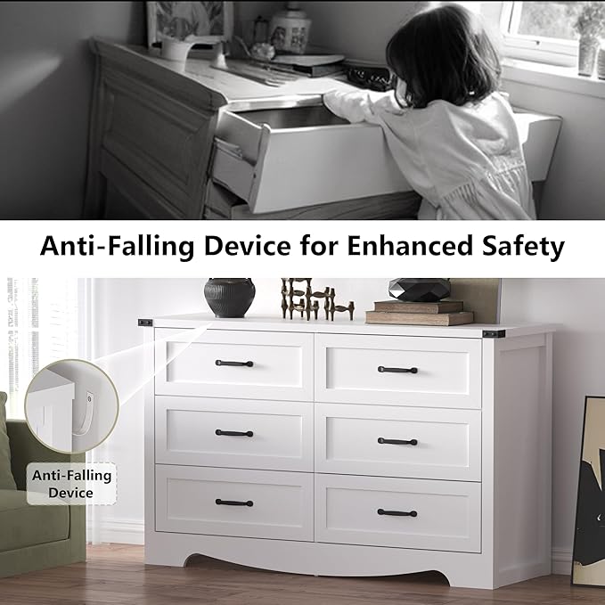 6-Drawer Dresser for Bedroom – 47" Wide Modern Wooden Chest with Natural Wood Texture, TV Stand & Storage, Metal Corner Brackets, Wood Drawer Organizer for Living Room, Hallway