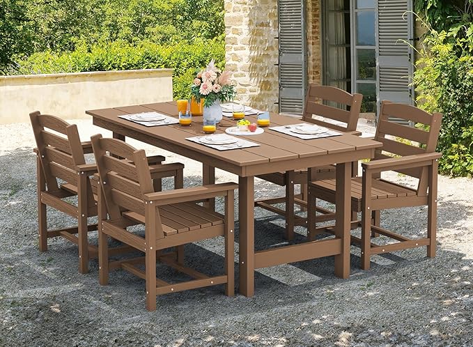 SERWALL 7-Piece Patio Outdoor Table & Chairs, HDPE Dining Set with Umbrella Hole & All-Weather Design for Lawn, Backyard, Poolside, Brown