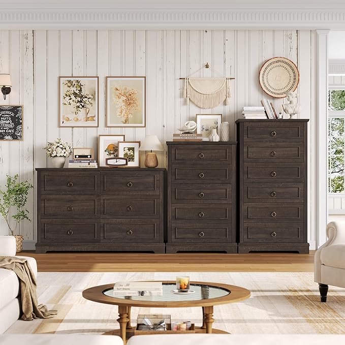HOSTACK 6 Drawer Dresser for Bedroom, Modern Farmhouse Chest of Drawers for Bedroom, 47.2" Wide Wooden Double Dresser, Dark Wood Storage Cabinet for Living Room, Entryway, Hallway, Dark Brown