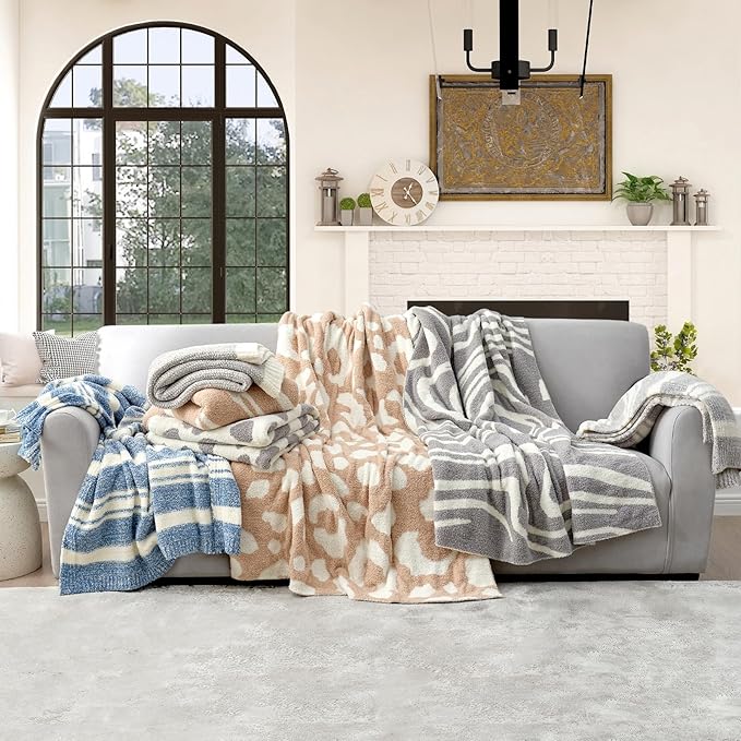 Snuggle Sac Grey Stripe Knitted Throw Blanket for Couch, Reversible Super Soft Warm Blankets Cozy Knit Fuzzy Plush Lightweight Throws for Sofa, Bed, Stripe Grey, 50 x 60 inches