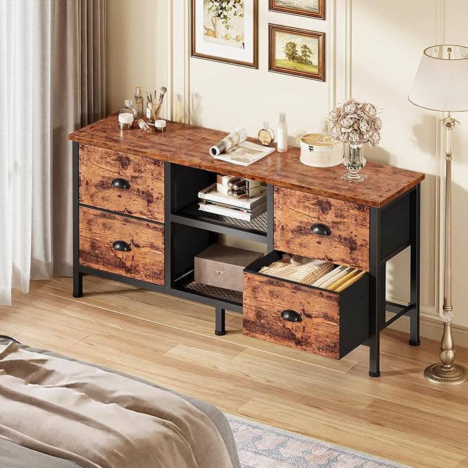 Furologee TV Stand Dresser with 4 Drawers, Television Stand with Open Shelf, Entertainment Center for 50" TV, Industrial Media Center for Bedroom, Living Room, Rustic Brown