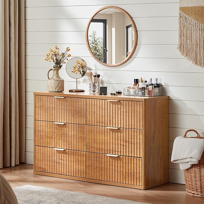 LEYAOYAO Fluted 6 Drawers Dresser for Bedroom, 48" Wide Modern Chest of Drawers with Metal Handle, Brown Curved Profile Farmhouse Closet Organizer Wood Dressers TV Stand for Living Room, Hallway