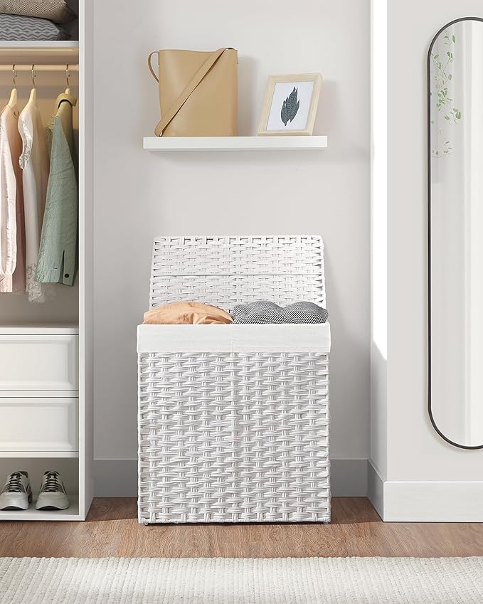 SONGMICS Laundry Hamper with Lid, 110L Clothes Hamper with 2 Removable Liner Bags, 6 Mesh Bags, Wicker Laundry Basket, Double Laundry Hamper for Laundry Room, 13 x 22.4 x 23.6 Inches, White ULCB52WT