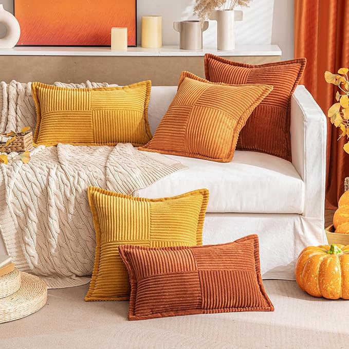 MIULEE Burnt Orange Fall Decorative Euro Sham Throw Pillow Covers for Couch Bed Livingroom 24x24 Inch Set of 2 Boho Accent Throw Pllows Broadside Striped Patchwork Soft Corduroy Pillowcases