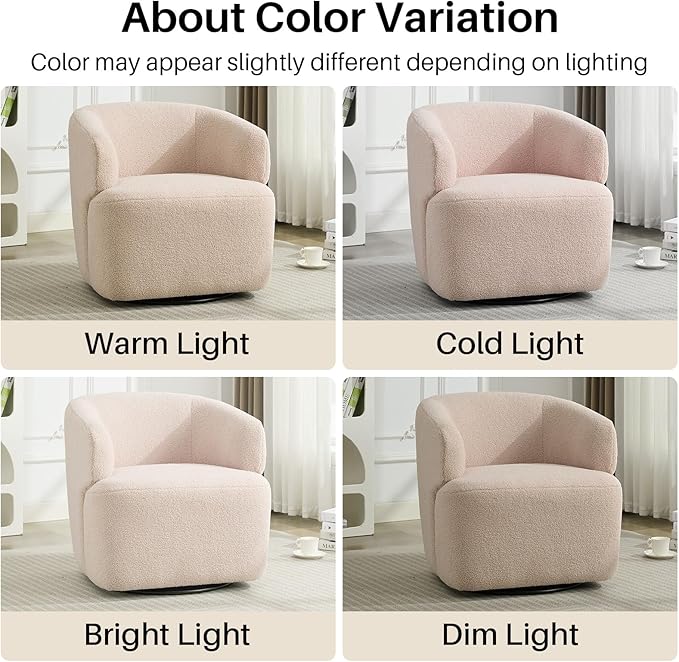 Swivel Accent Chair, Sherpa Teddy Barrel Chair for Living Room, Cozy Round Boucle Arm Chair, Metal Base for Club Nursery Bedroom, Light Blush Pink
