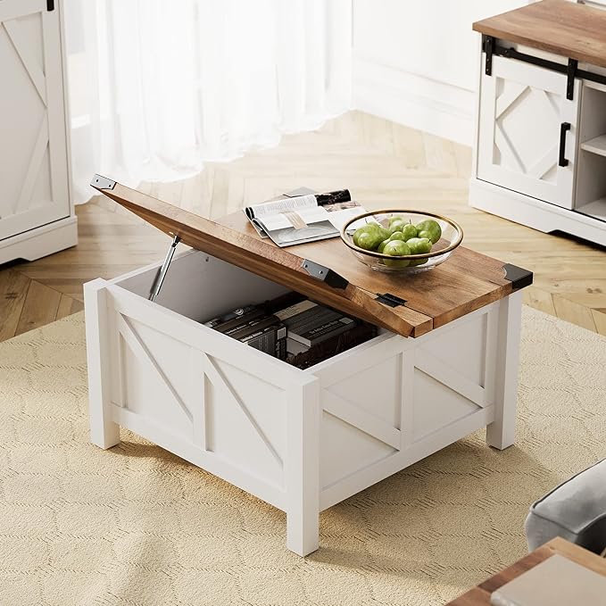 WAMPAT Farmhouse 75 in TV Stand and Coffee Table Set, Entertainment Center for TVs Up to 75", 30" Square Wood Center Table with Gas Spring Flip-Top for Living Room,Antique White