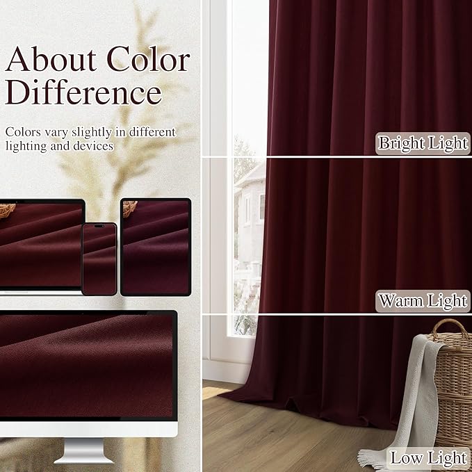 Guken Blackout Curtains 63 Inch Length 2 Panels Set for Living Room Bedroom Back Tab Thermal Insulated 100% Black Out Linen Drapes Room Darkening Window Curtains 63 Inches Long,Burgundy