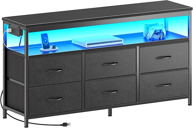 Huuger LED TV Stand for Bedroom, 47 Inch Dresser TV Stand for 43, 50, 55 Inch TV, Black TV Stand with Storage, Entertainment Center with Power Outlets, 6 Drawer Fabric Dresser for Living Room