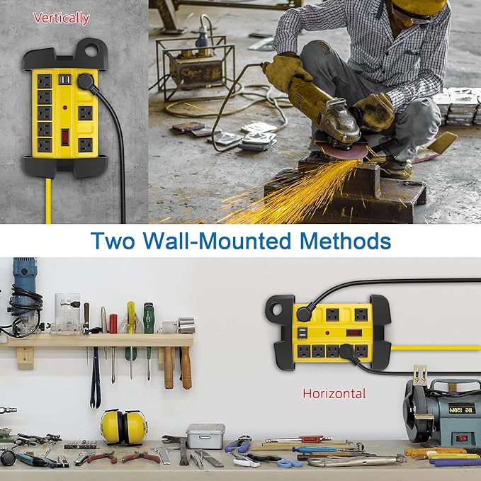 Heavy Duty Power Strip with USB, Workshop 8 Outlet Surge Protector 2700 Joules, Industrial Metal 15Amp Power Strip, 12 FT Extension Cord and Wide Spaced.