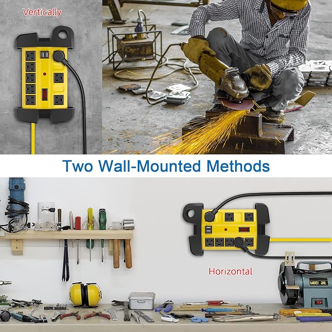 CCCEI Heavy Duty Power Strip with USB, Workshop 8 Outlet Surge Protector 2700 Joules, Industrial Metal 15Amp Power Strip, 4 FT Extension Cord and Wide Spaced Yellow.