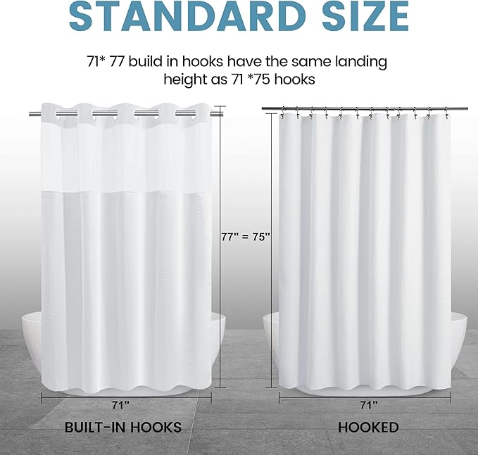 Long No Hook Shower Curtain with Snap in Liner,230GSM Waffle Weave Shower Curtains for Bathroom,71W x 77H(75"),White