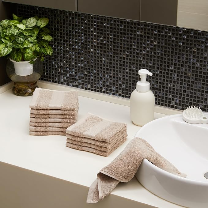 Amazon Basics Fade-Resistant 100% Cotton Washcloth, 12 Pack, 12"x12", Taupe