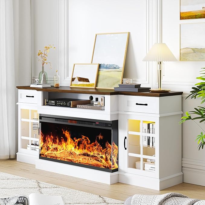 oneinmil 70" Fireplace TV Stand with 3-Sided Glass Electric Fireplace, Farmhouse Wood Entertainment Center with LED Lights, 36" Fire Place TV Stands with Storage Cabinet for Living Room, White