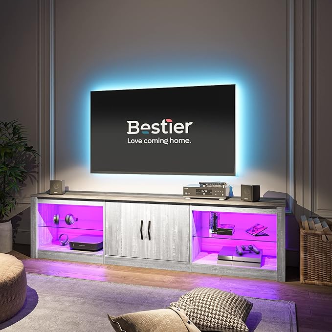 Bestier 70 Inch Led TV Stand for 75 Inch TV Large Entertainment Center Gaming with Adjustable Glass Shelves Two Cabinets Modern TV Console for Living Room 22 RGB Modes, Wash White