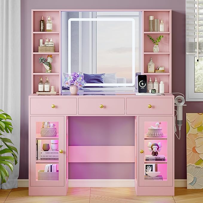 Makeup Vanity Desk with HD Lighted Mirror & Power Outlet, Glass Top Vanity Table Set with Storage Drawers & RGB Cabinets, Large Dressing Table with 3 Lighting Modes for Bedroom Women Girls Kids, Pink