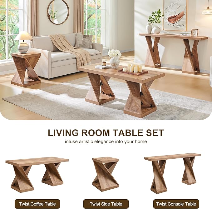 OKD Modern Entryway Table, 63" Twisted Console Table with Wood Pedestal, Farmhouse Sofa Table with Storage, Rustic Entry Table Tor Living Room, Entryway, Hallway, Light Tree Knot