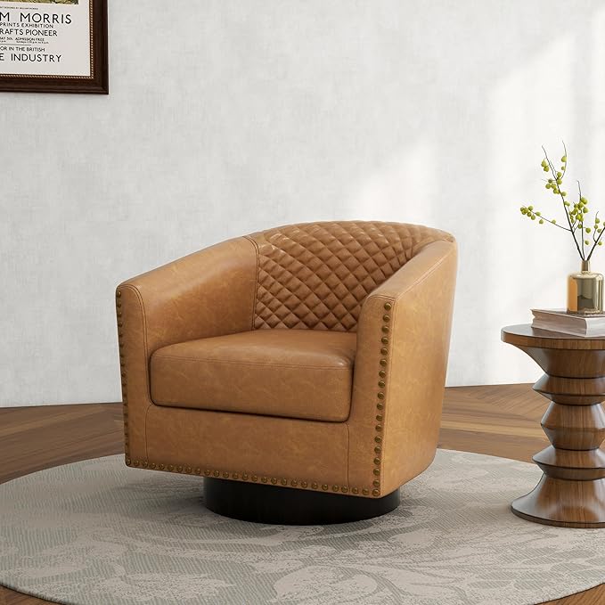 Swivel Barrel Accent Chair, Comfy Modern Upholstered Round Faux Leather Arm Chair for Living Room, Bedroom(Coffee, Set of 1