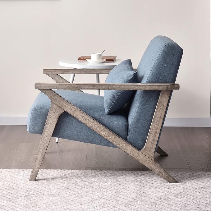 INZOY Mid Century Modern Chair with Wood Frame, Upholstered Armchair with Waist Cushion, Accent Chair for Living Room Bedroom Apartment, Easy Assembly, Blue