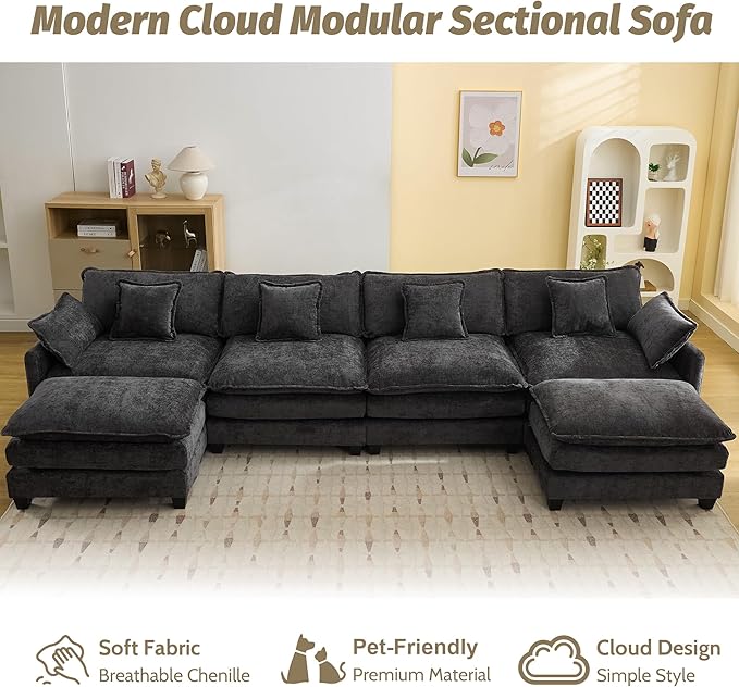 147'' Sectional Cloud Deep Seat Couch, Oversized Chenille U Shaped Sectional Sofa for Living Room Set, Comfy Upholstered Modular Sectional Sofa Couch with 2 Movable Ottoman, Dark Grey