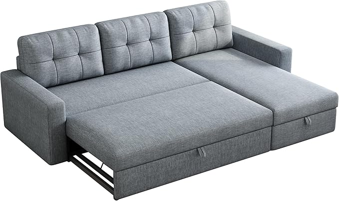 Upholstered Sleeper Sofa, L Shaped Sectional Couch with Reversible Storage, Convertible Corner Lounge Couches w/Pull Out Sofabed for Living Room, Apartment,Light Grey