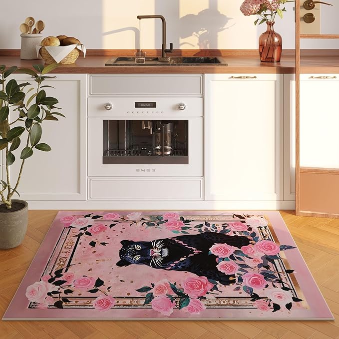 Round Rug 4ft Washable Circle Rug Non Slip Low Pile Retro Lavish Leopard Animal Small Circular Rug for Bedroom, Bathroom, Entryway, Kids Room, Office, College Dorm (Black Pink)