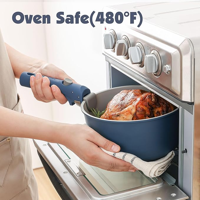 SENSARTE 17 Piece Ceramic Pots and Pans Set, Nonstick Detachable Handle Cookware, Induction Kitchen Cookware Set with Removable Handle, Dishwasher & Oven Safe (Navy)