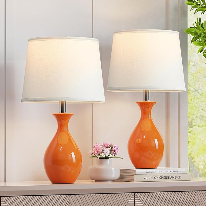 PARTPHONER Table Lamp Set of 2, Modern Ceramic Bedside Lamps for Night Stands, Classic Small Lamp Nightstand Lamp for Bedroom Living Room Desk End Table Rocker Swtich Orange