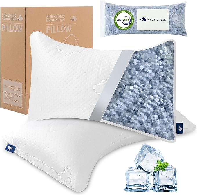 Cooling Side and Back Pillow - Comfort for Neck and Shoulder Pain - Crush Memory Foam Cooling Pillow, Adjustable Soft Bed Pillow,Crescent White-Cooling++, Queen+Extra Fill Pack of 2
