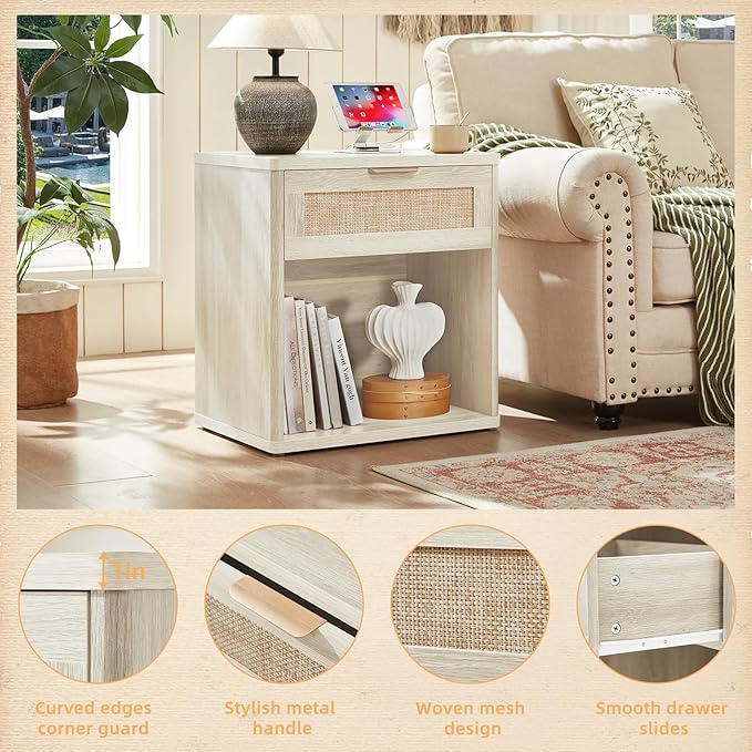 LEYAOYAO Rattan Nightstands Set of 2 with Charging Station, 23" Wide Boho Night Stand with Drawer, Grey White Bedside Table Open Cabinet, Bed Side End Table Dresser for Bedroom, Living Room, Hallway