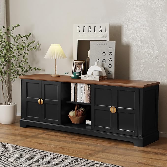 HLR 67” Modern TV Stand for TVs up to 75+ inch, Shaker Style Television Console Table, Entertainment Center with Storage Cabinets, Wood Media Furniture for Living Room, Bedroom, Black