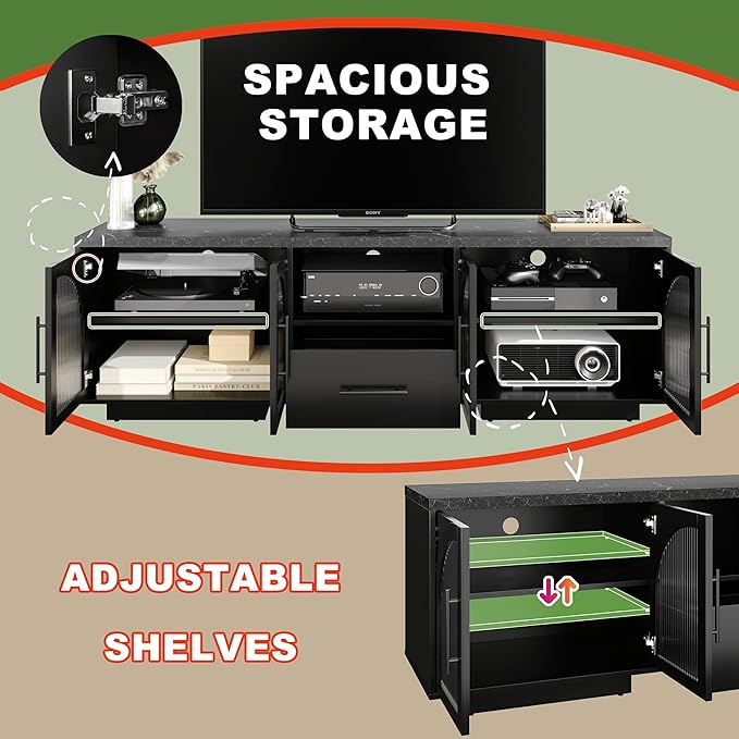 70" TV Stand for 80 Inch TVs, Entertainment Center with LED Lights and Arched Glass Doors, Faux Marble Wood Finish, Adjustable Shelves, Modern TV Cabinet for Living Room, Black