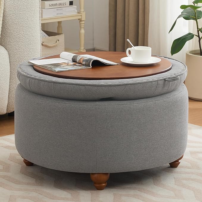 30Inch Round Storage Ottoman with Tray, Modern Tufted Fabric Circle Coffee Table with Storage, Upholstered Ottoman with Removable Top for Living Room, Bedroom, Light Grey