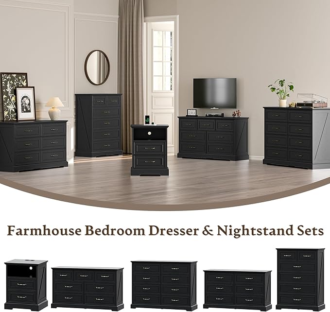 Farmhouse 6 Drawers Dresser for Bedroom, 48" Wide Modern Chest of Drawers with Deep Drawers & Bar Handles, Rustic Wood Dresser TV Stand, Wooden Closet Storage Organizer for Living Room, Hallway, Black