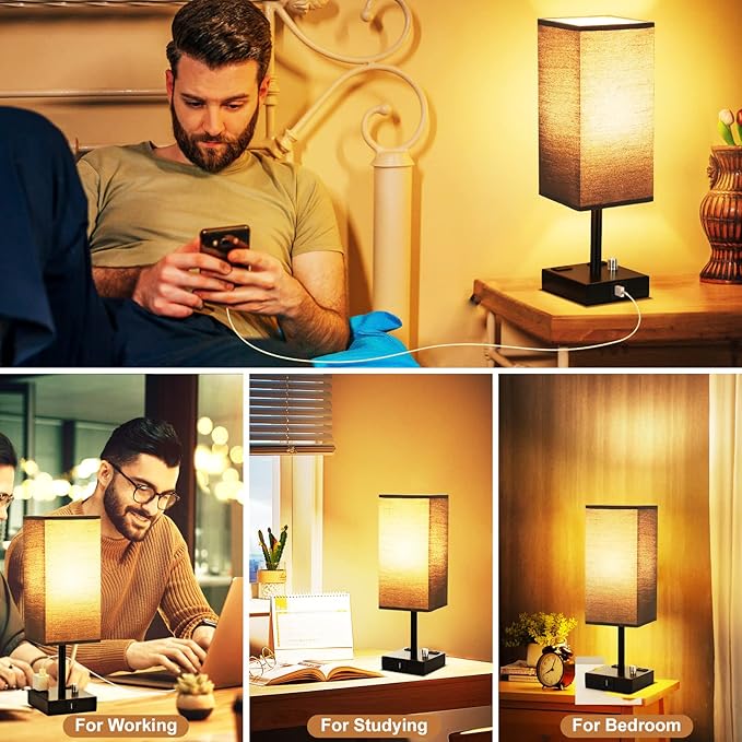 Black Fully Dimmable Nightstand Lamps Set of 2 - Table Bedside Lamp with USB C+A Charging Ports & 2 AC Outlets, Square Lamp Sets Linen Fabric Shade for Bedroom Living Room(Bulb Included)