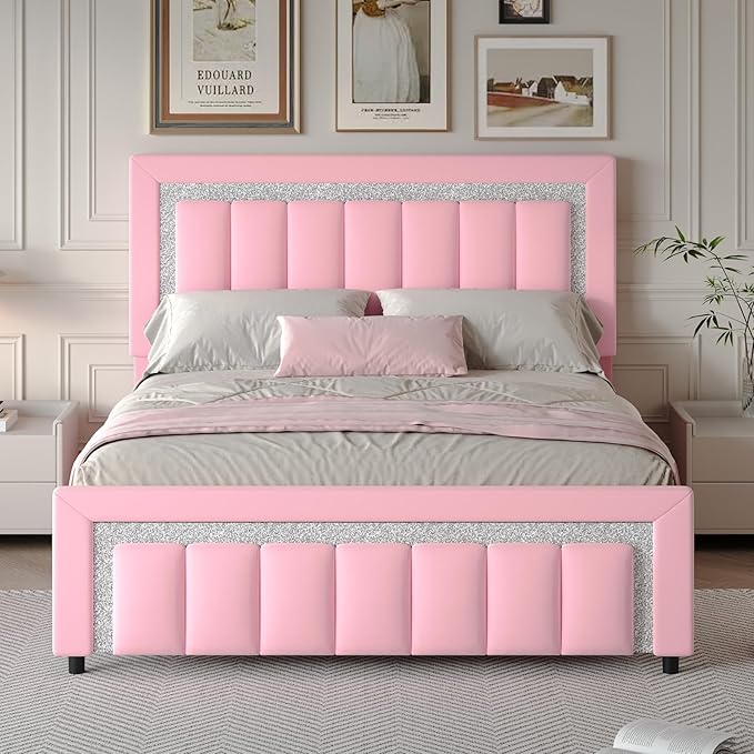 HOMBCK Full Size Bed Frame with Diamond Headboard, Upholstered Platform Bed with Velvet Headboard and Footboard, Full Bed Frame with Wooden Slats, No Box Spring Needed, Easy Assembly, Pink