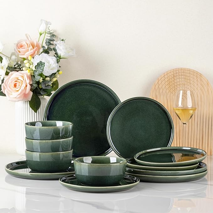 GBHOME Ceramic Dinnerware Sets for 8, 24 Pieces Stoneware Plates and Bowls Sets, Reactive Glaze Dishes -Scratch Resistant, Dishwasher&Microwave Safe, Earth Green