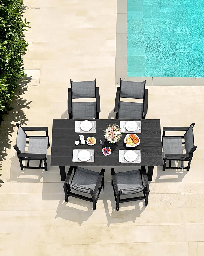 SERWALL 5 Piece Outdoor Dining Table Sets for 4 with 1 Umbrella Hole Cut-Out Rectangular Table and 4 Textilene Chairs, HDPE Dining Table Sets for Garden, Backyard, Poolside, Black