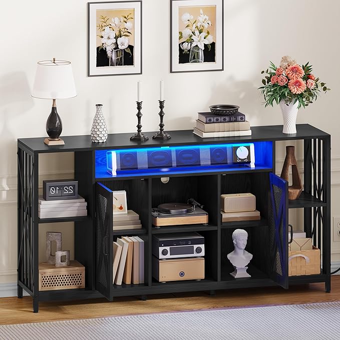 YITAHOME 33.5'' Tall TV Stands for Living Room, TV Entertainment Center with LED Light, TV Stand for TVs up to 70 Inch, Tall TV Console Cabinet with Power Outlets, Black