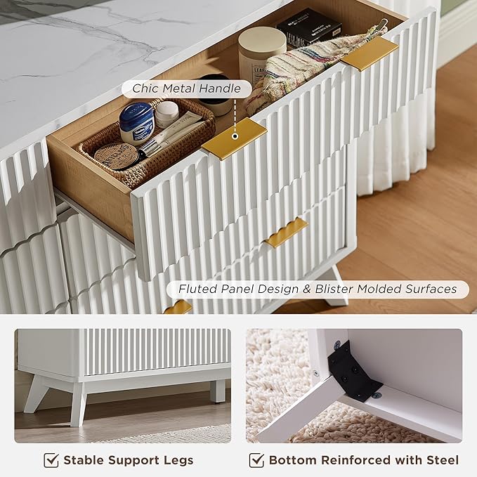 T4TREAM Fluted 8 Drawers Dresser, 54" Wide Modern Chest of Drawers with Faux Marble Top, Curved Profile Design, Dresser TV Stand, Wood Drawer Organizer for Bedroom, Living Room, Hallway, Solid White